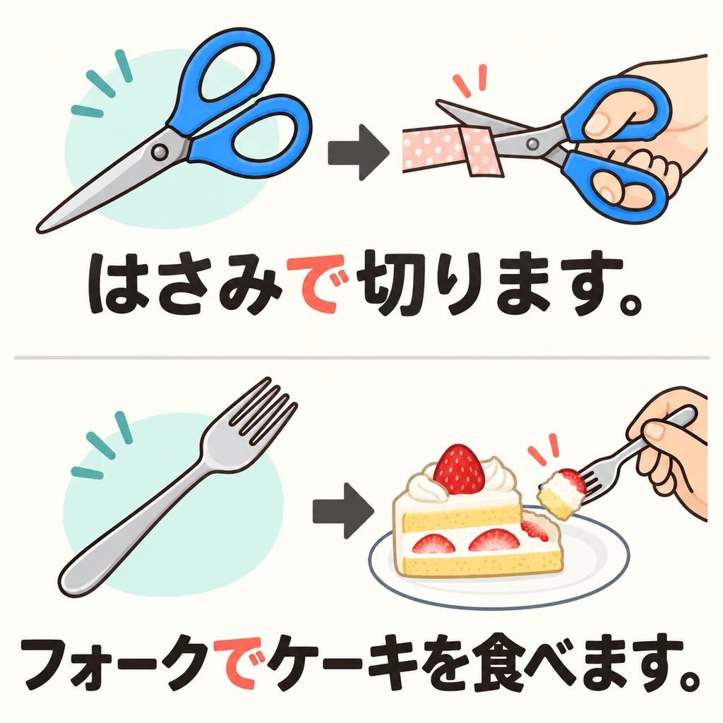 Womit schneidet man Dinge und isst Kuchen? Im Bild zeigt das Wort vor 「で」, welches Werkzeug benutzt wird.