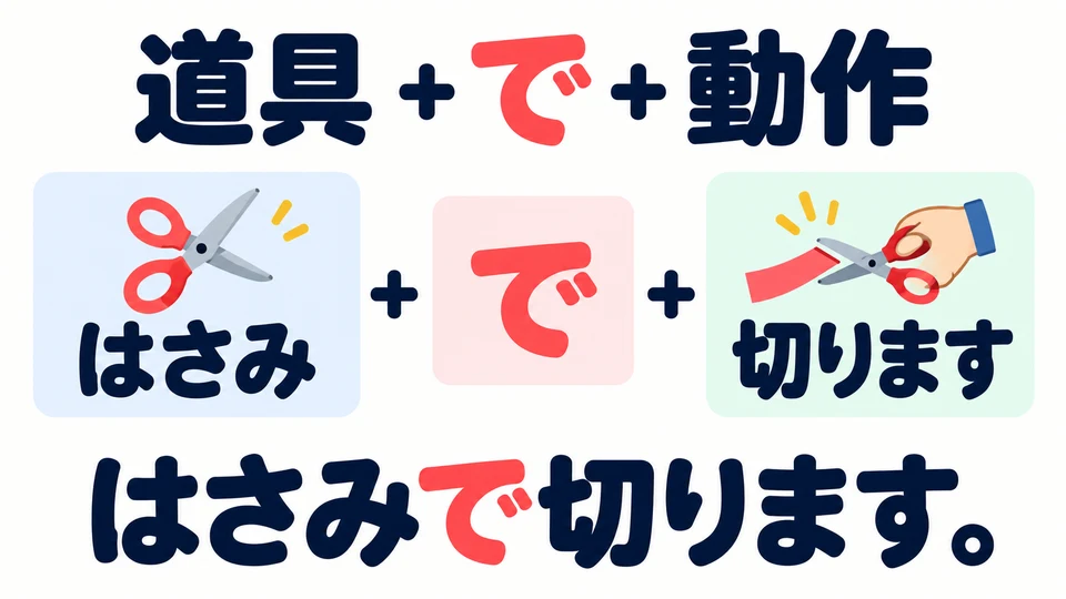 Setze den Namen des Werkzeugs vor 「で」 und danach die Handlung. So sagst du, womit etwas gemacht wird.