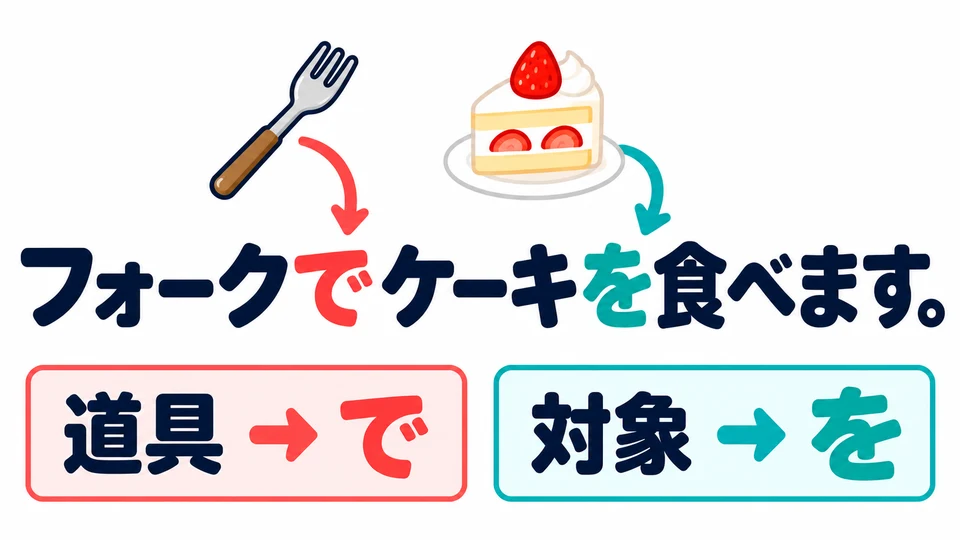 Beim Kuchenessen ist die Gabel das Werkzeug: Dafür steht 「で」. Der Kuchen ist das, was man isst: Dafür steht 「を」.