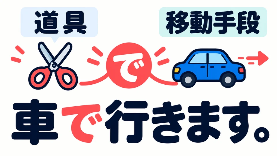 Das Auto im Beispielsatz ist kein Werkzeug, das man in der Hand hält, sondern ein Verkehrsmittel. Auch dafür verwendet man 「で」.