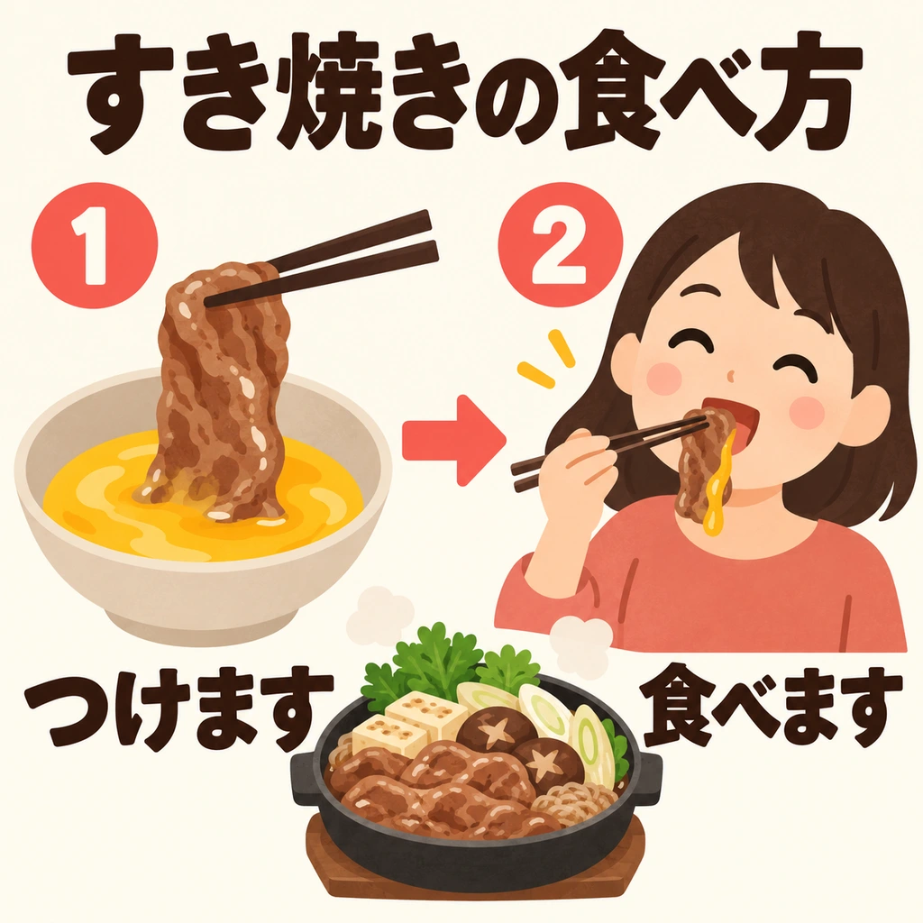 Im Bild wird das Fleisch zuerst in Ei getunkt und dann gegessen. 「食べ方」 bezeichnet die Art zu essen: wie man es isst.