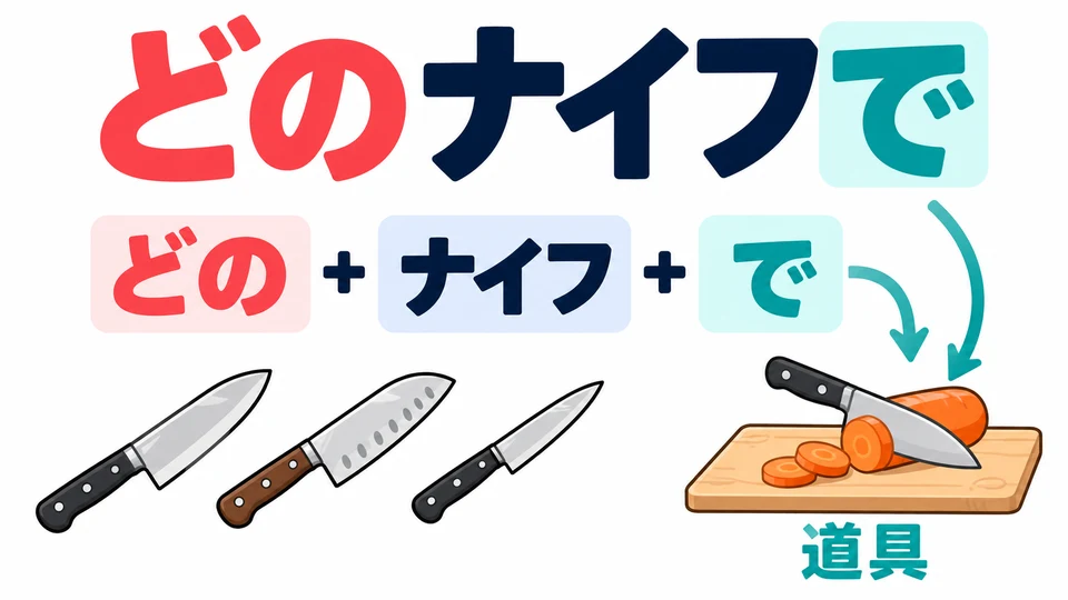 ในตัวอย่าง 「どのナイフで」 ถามว่าจะใช้มีดเล่มไหนตัด ส่วน 「で」 อยู่หลังคำนามเพื่อบอกเครื่องมือที่ใช้