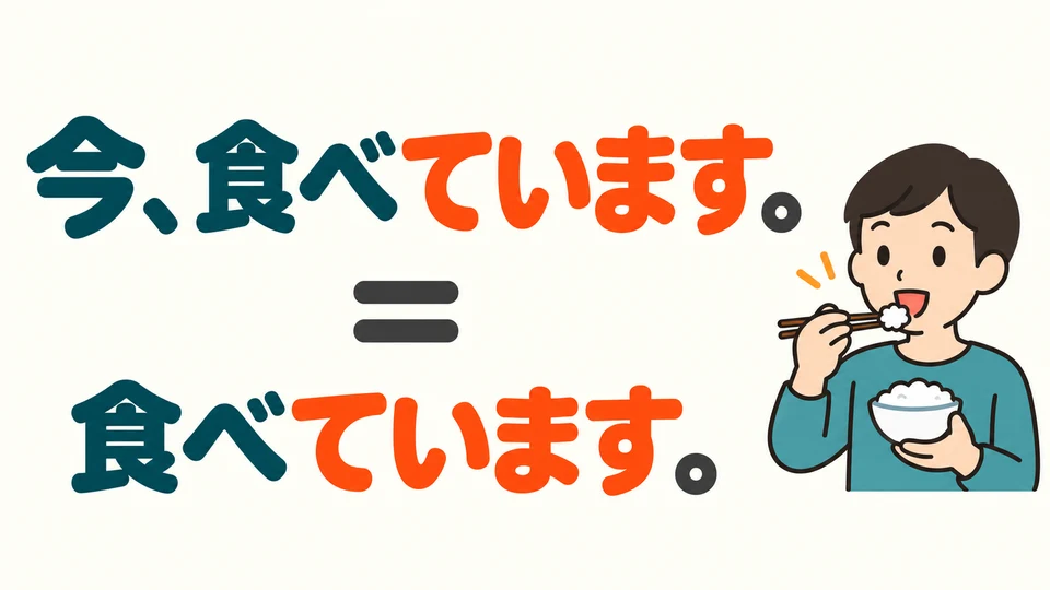 「食べています」 bedeutet bereits, dass jemand gerade isst. Auch ohne 「今」 kann der Satz eine Handlung im jetzigen Moment ausdrücken.