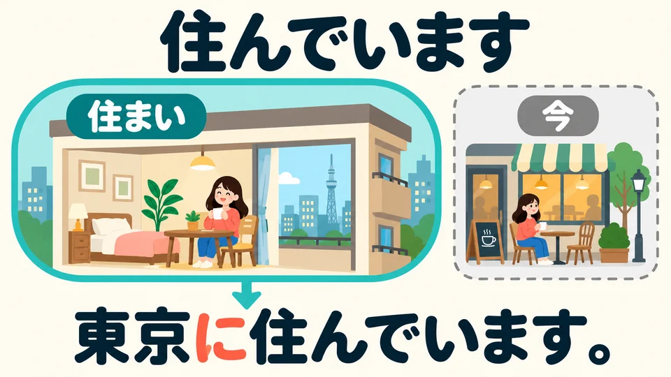 「住んでいます」 means you currently live there. It tells us where your home is, rather than simply where you are at this moment.