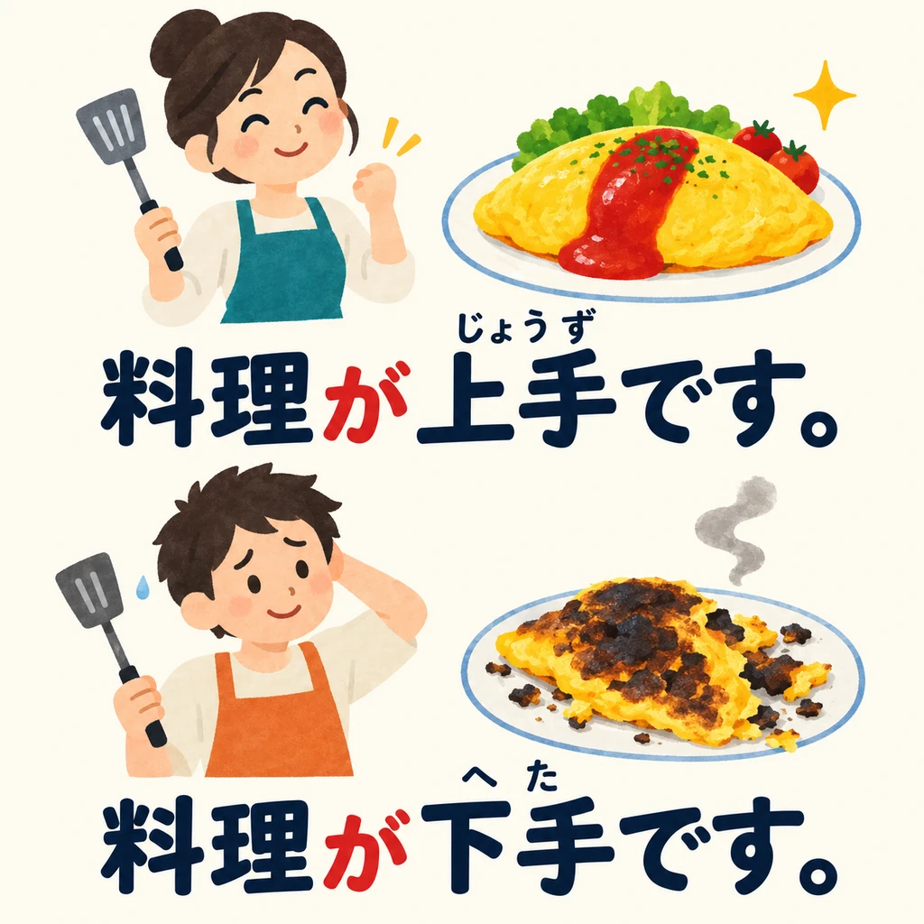 Look at the two dishes: 「上手」 means doing something well; 「下手」 means not being good at it.