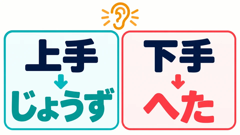 Watch the readings: 「上手」 is read じょうず and 「下手」 is read へた. Do not read them character by character.