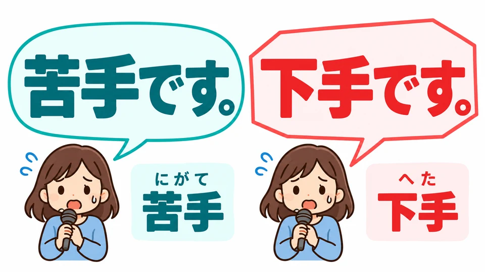 「苦手」 is a gentler way to say you are not good at something; 「下手」 judges poor skill more directly.