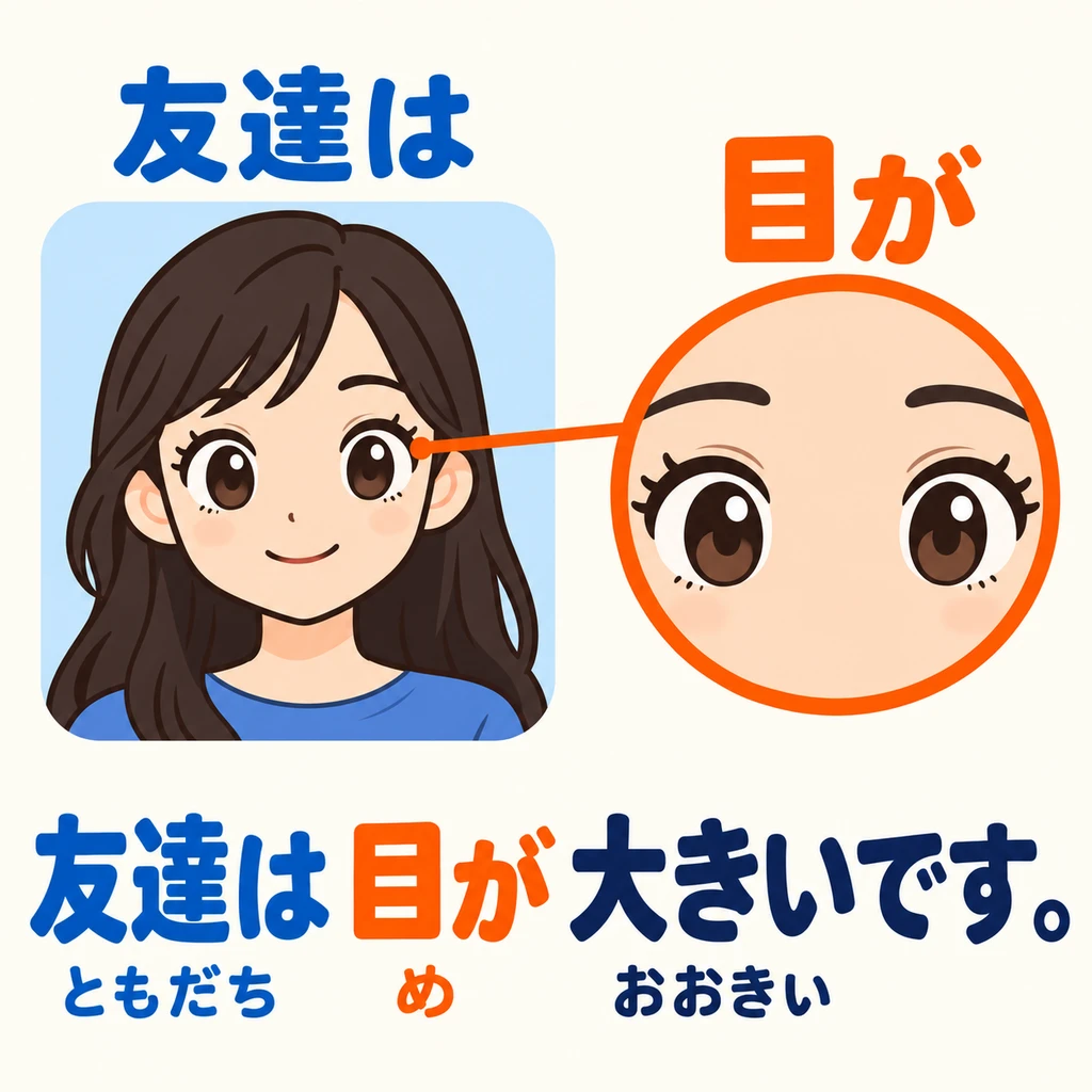 接著關注這個人的某一部分，把它放在「が」前；圖中說的是眼睛。