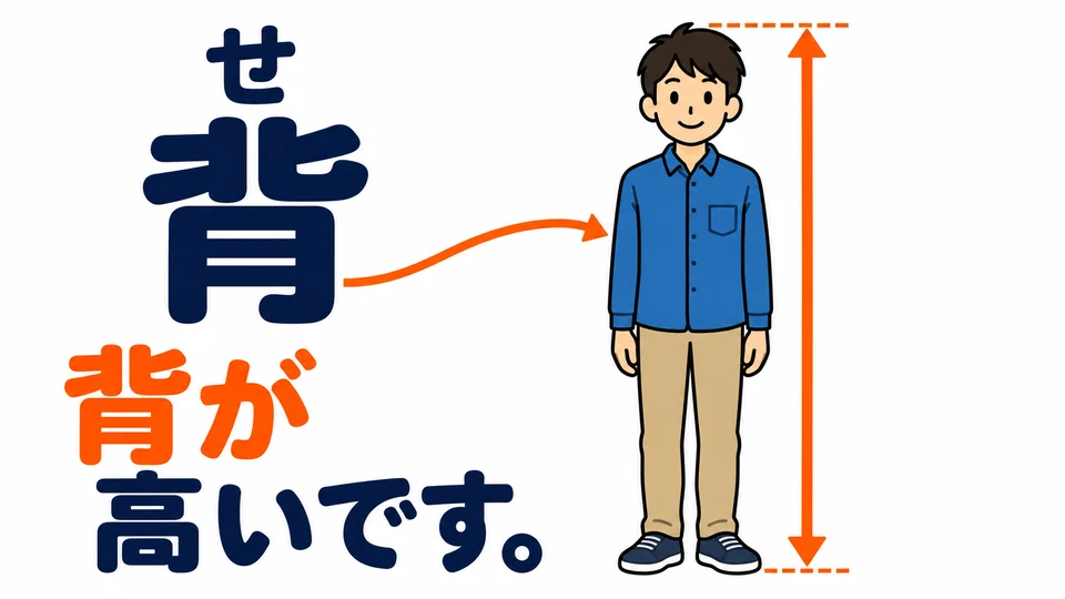 例句中的「背」讀作「せ」，「背が高い」表示個子高，不是背部高。