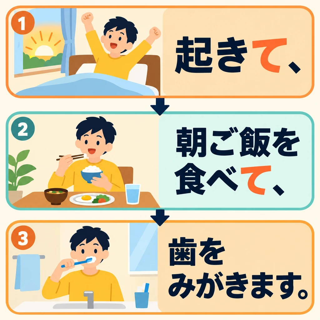 早晨起床、吃飯、刷牙。圖中的箭頭表示動作先後，用て形連起來。