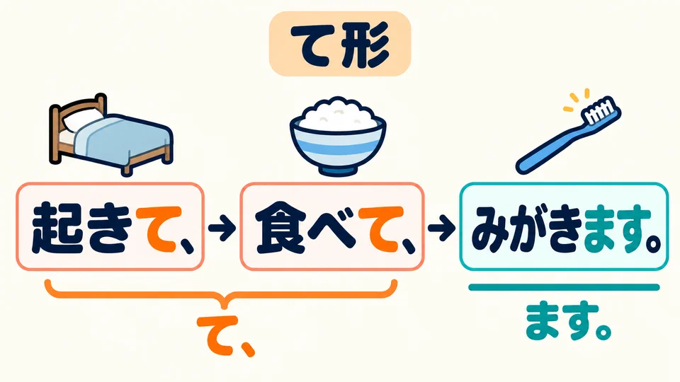 前面的動作用て形連接，最後一個動詞正常收尾，不必也變成て形。