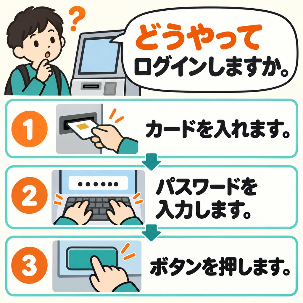 想登入，卻不知道操作順序。看圖，「どうやって」在問什麼？