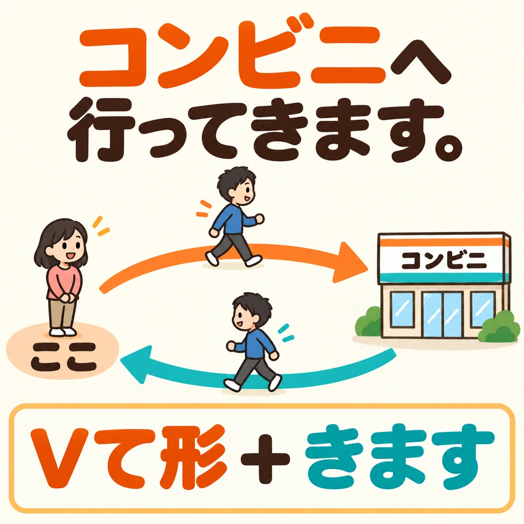 Look at the two arrows: after going to the convenience store, where does he return? His friend waits in the same place.