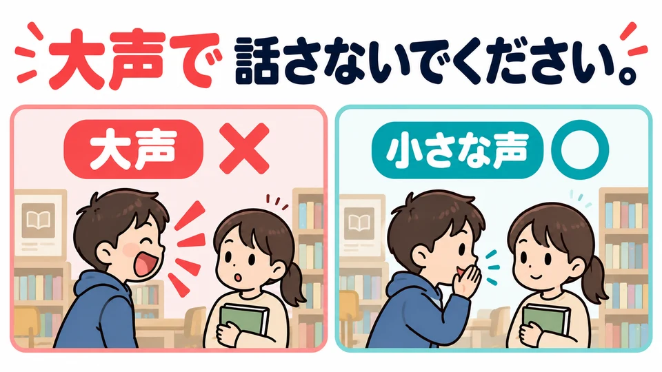 In der Bibliothek bittet 「大声で話さないでください」 nur darum, nicht laut zu sprechen. Achte darauf, worauf sich die Bitte beschränkt.