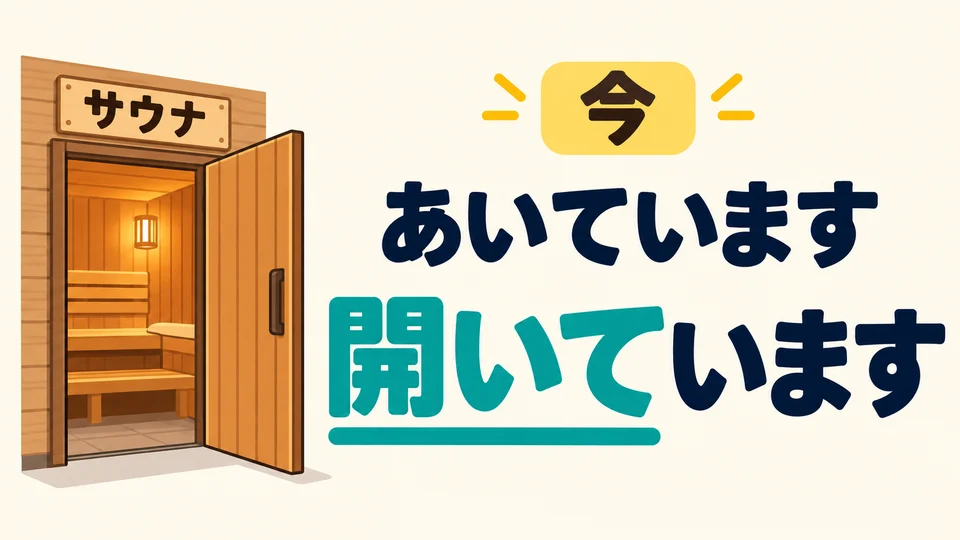 對話的「開いています」讀「あいています」，告訴你桑拿現在開著。