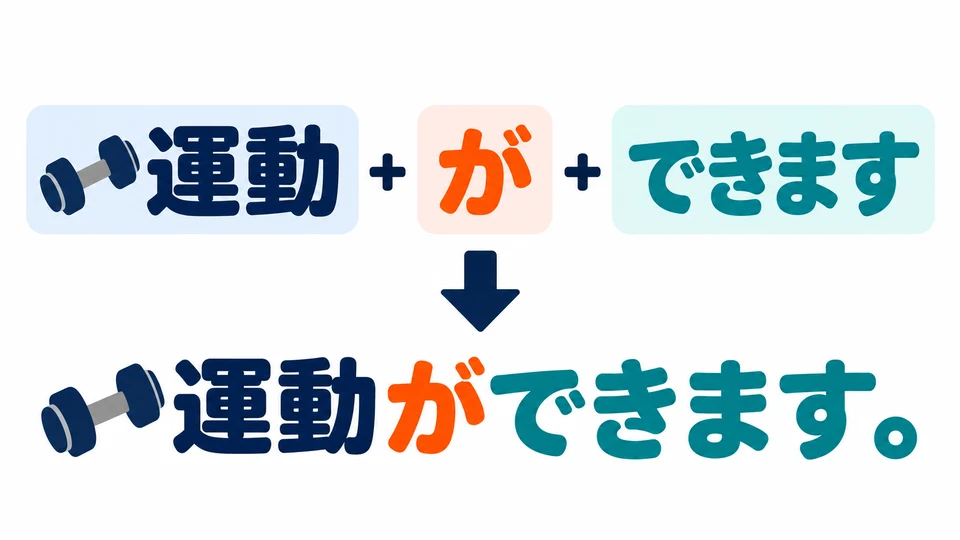 할 수 있는 활동을 「が」 앞에 놓아요. 「運動ができます」는 운동을 할 수 있다는 뜻이에요.