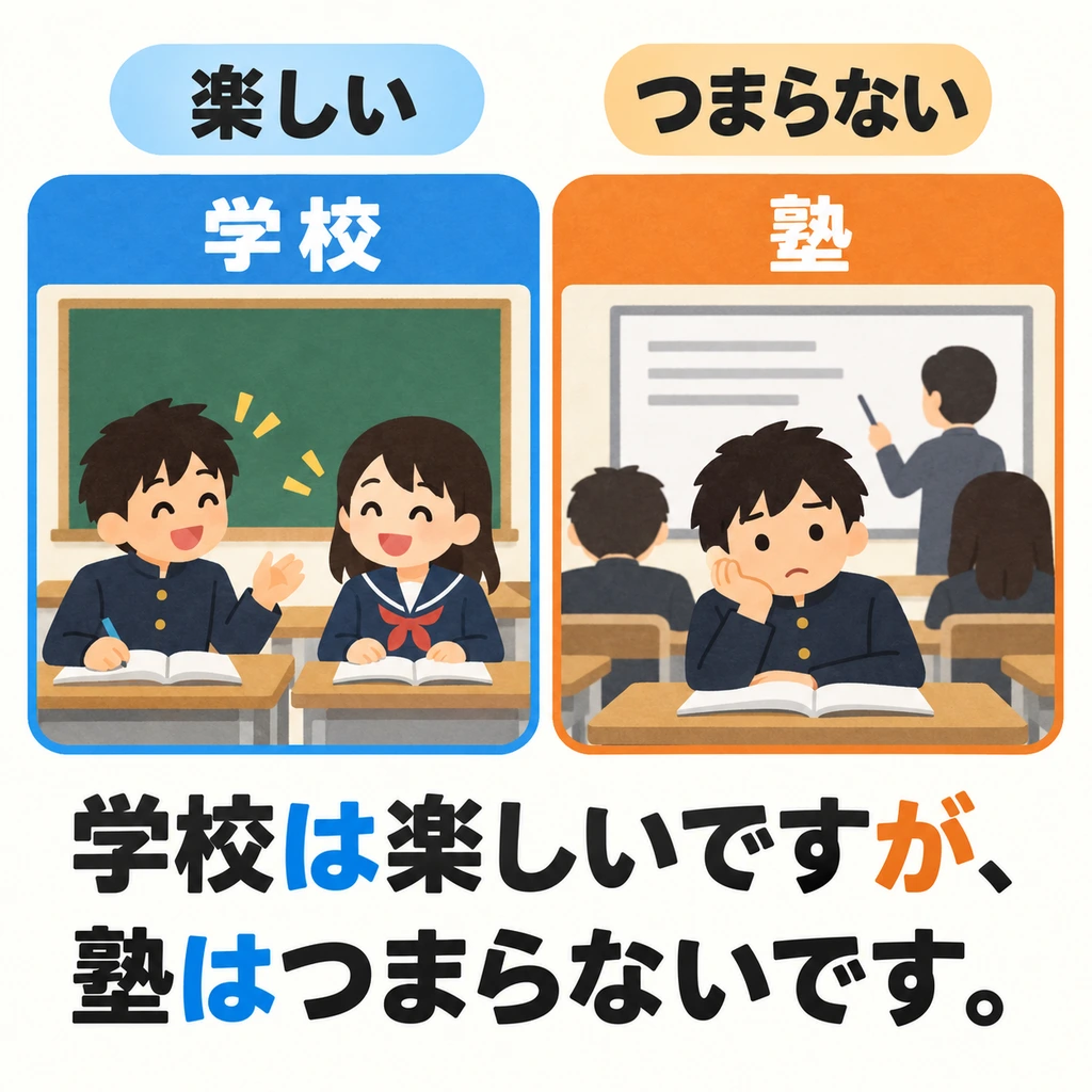 Both are about studying: school is fun, and cram school is boring. Use this pattern to highlight the difference.