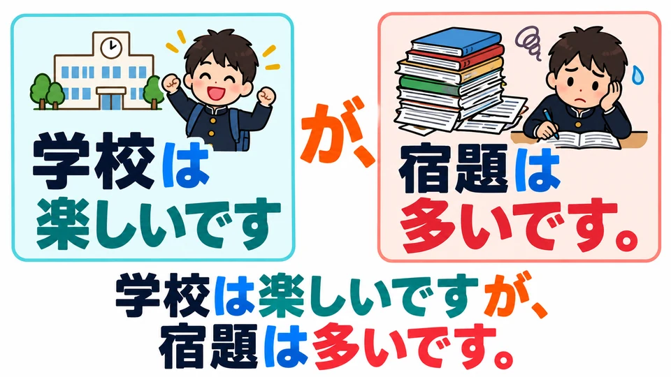 You can also contrast different, related aspects: school is fun, but there is a lot of homework. Mention a good point, then a concern.