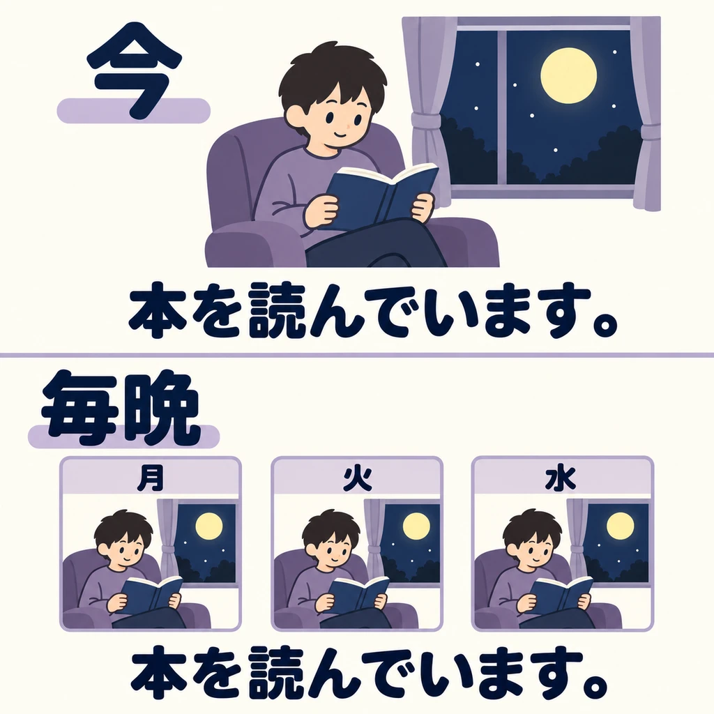 Both say 「本を読んでいます」. Look at 「今」 and 「毎晩」 to distinguish an action happening now from a regular habit.