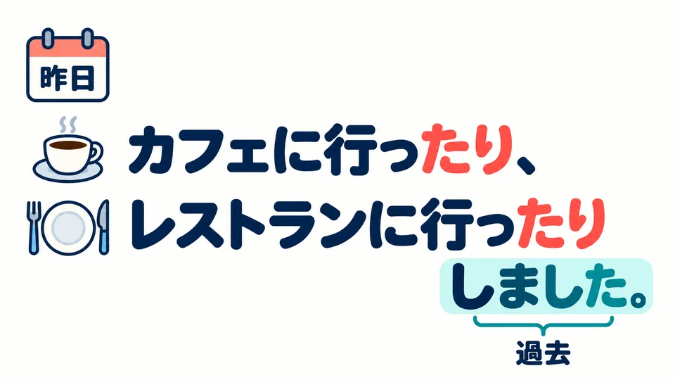 In the example with 「昨日」, 「しました」 expresses the past; 「たり」 itself does not.