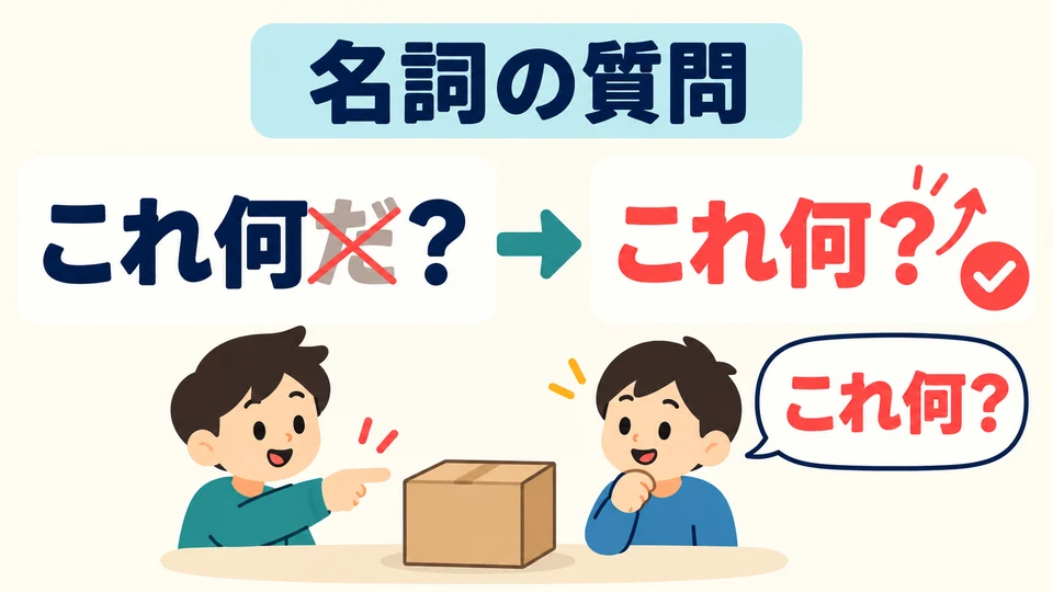 Im Beispiel 「これ何？」 wird 「だ」 in einer Frage mit einem Nomen weggelassen. So fragt man einen Freund ganz natürlich.