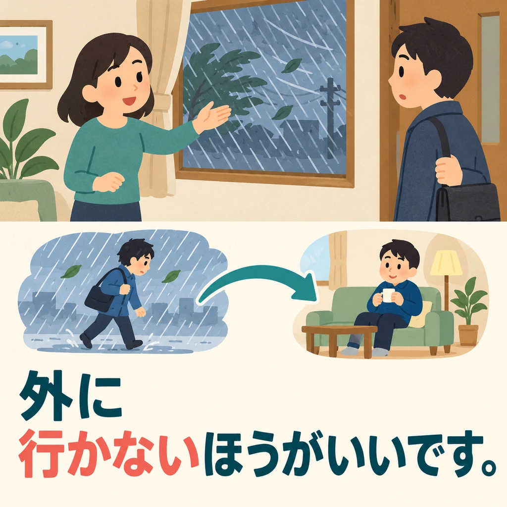 밖에 비바람이 심해요. 어떤 선택이 더 좋을까요? 그림 속 사람은 상대에게 나가지 않는 게 좋겠다고 조언해요.
