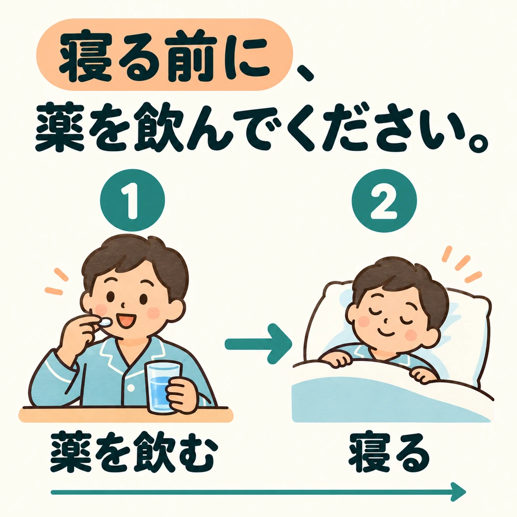 睡覺前要做什麼？看圖中的藥和床，先找出醫生提醒的動作。
