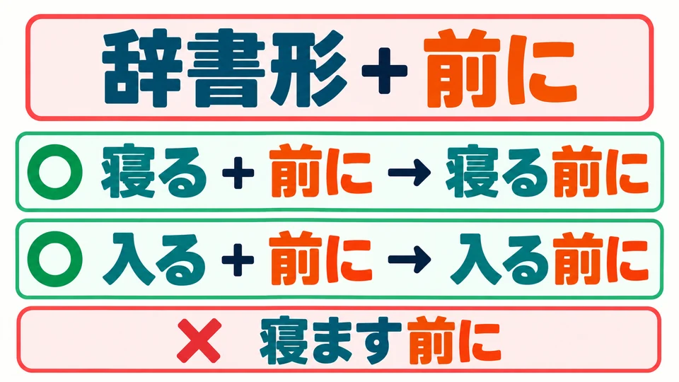 「前に」前接辭書形，如「寝る」「入る」。不用「寝ます」。
