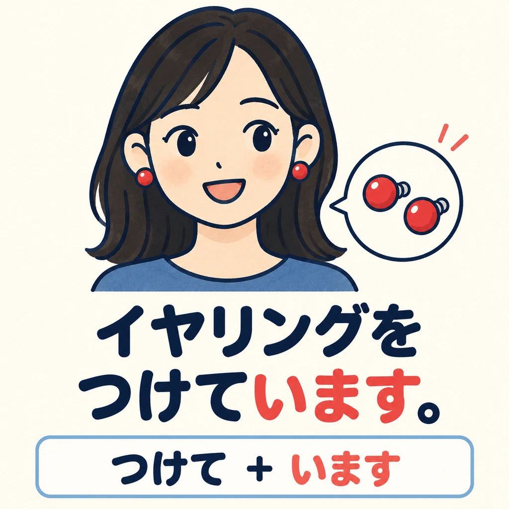 Die Ohrringe sind bereits an ihren Ohren. Hänge います an die て形 eines Verbs für das Anlegen von Kleidung oder Accessoires an, um den aktuellen Zustand zu beschreiben.