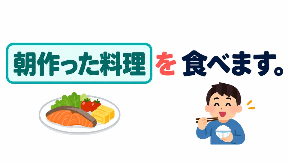 「朝作った料理」 ist eine zusammengehörige Nominalgruppe. を dahinter markiert, was gegessen wird.