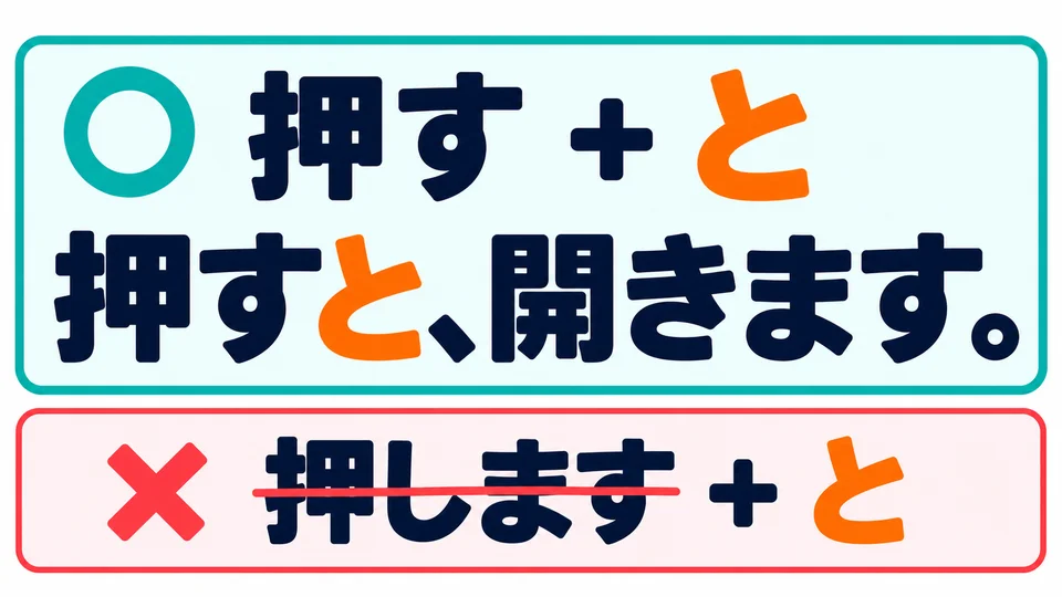 Before 「と」, use the verb’s non-past plain form: 押す＋と, not 押します＋と.