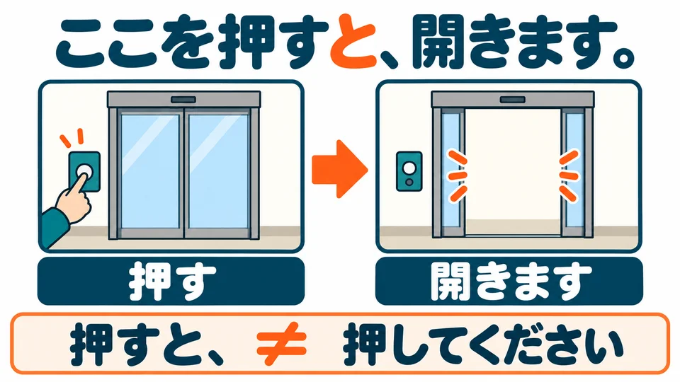 「押すと」 explains what the button does. The first clause itself is not an instruction to press it.