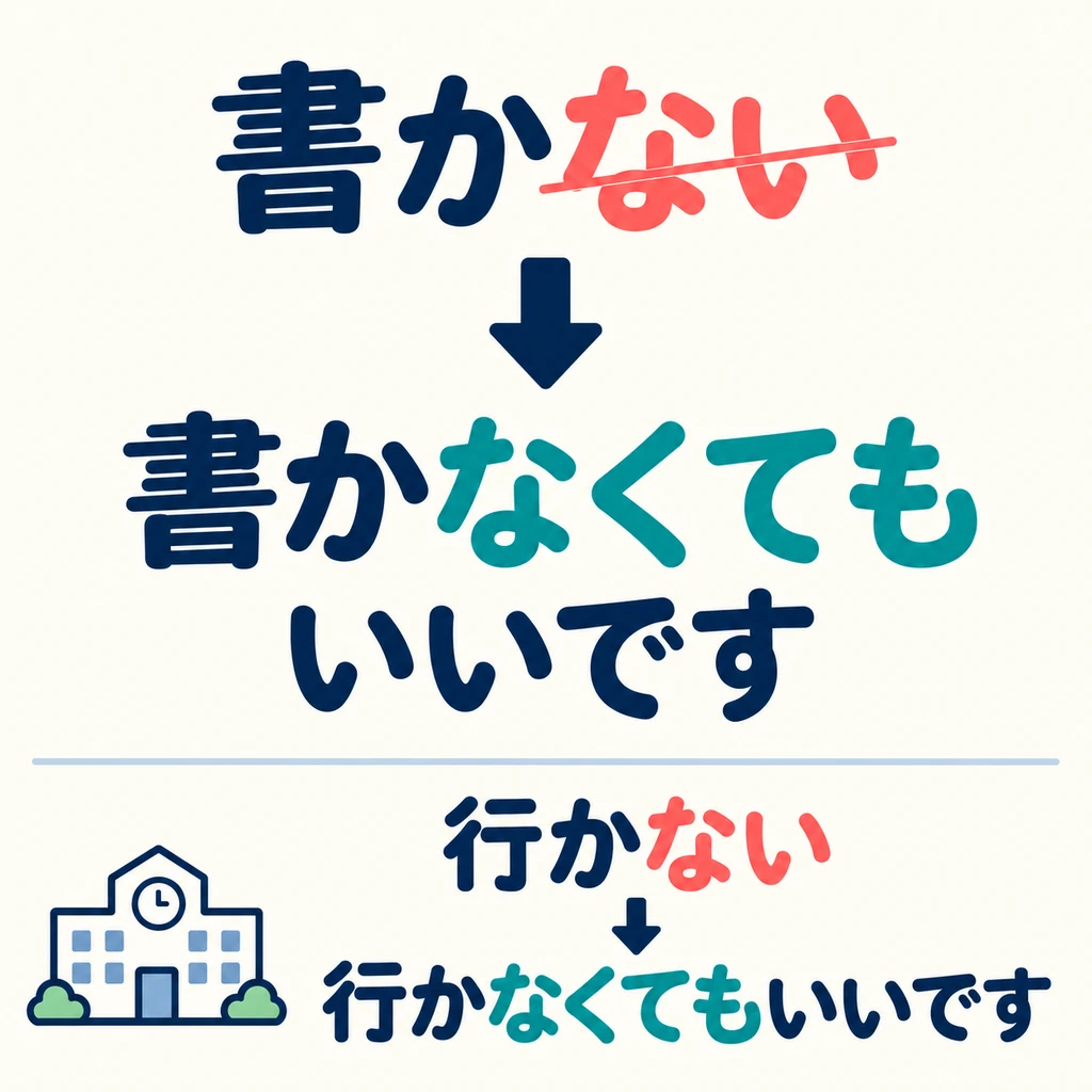 Ersetze das abschließende 「ない」 der ない-Form durch 「なくてもいいです」. Hänge es nicht einfach an ない an.