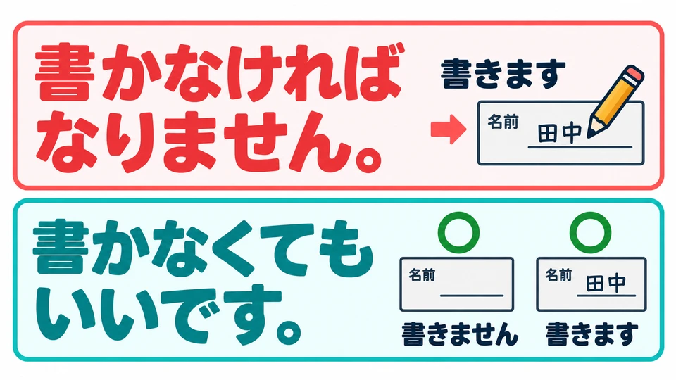 「なければなりません」 bedeutet, dass du etwas tun musst; 「なくてもいいです」 bedeutet, dass du es nicht tun musst.