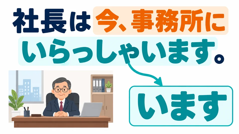 The example contains “今、事務所に”. It tells us where the company president is right now, so the meaning is “be present.”