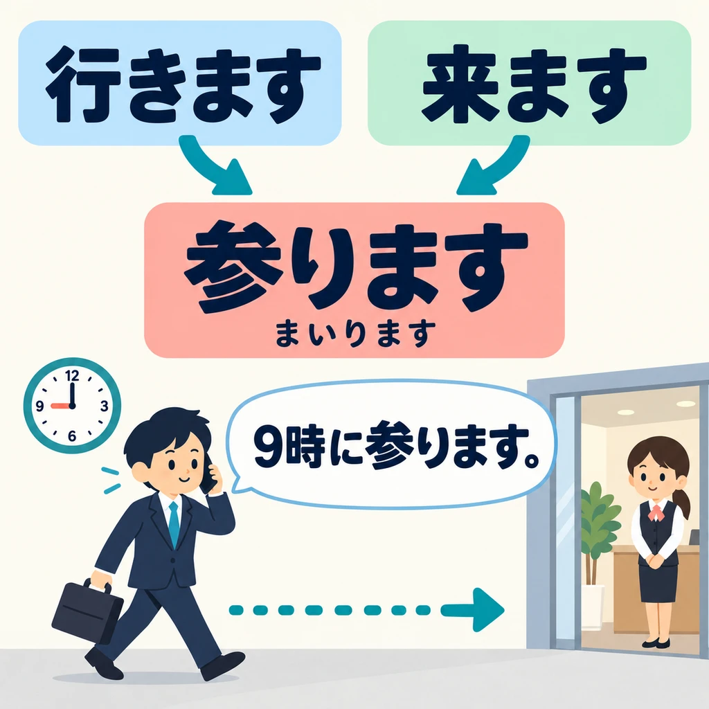 Look at the picture: the visitor tells the receptionist when he will arrive, using 「参ります」 for his own movement.