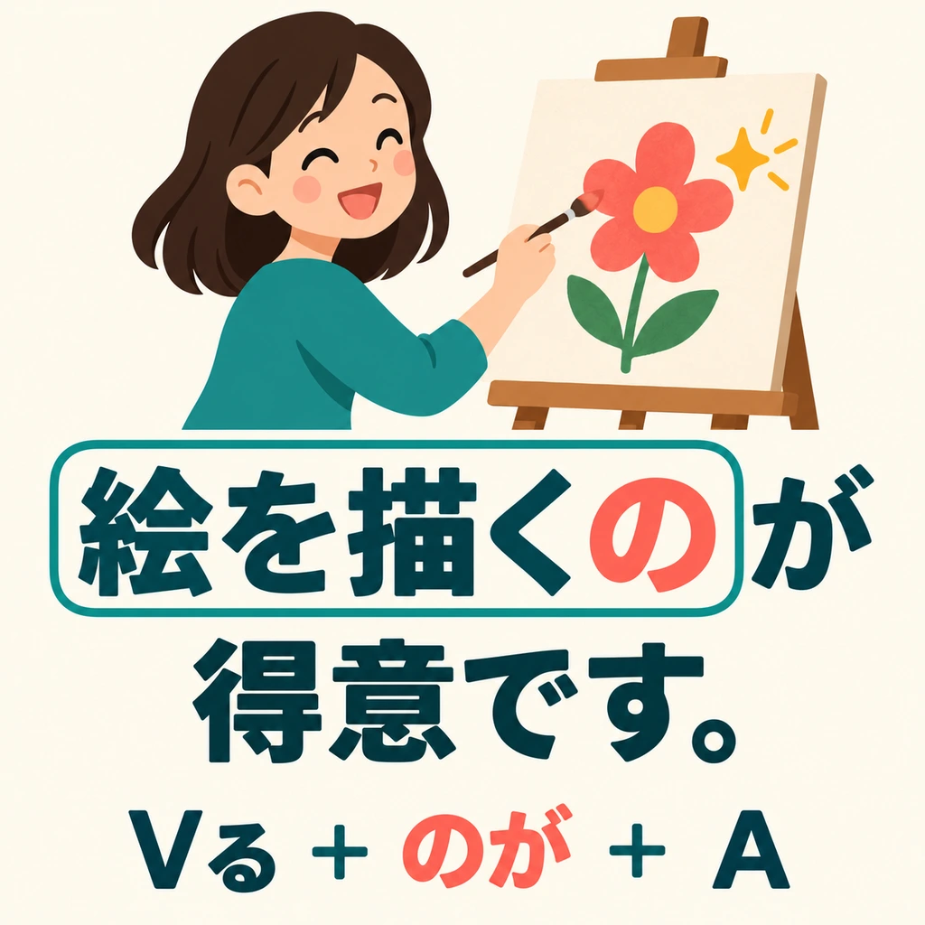 무엇을 잘하는지 말할 때도 같은 구조를 써요. 그림에서는 「絵を描くのが得意です」라고 해요.