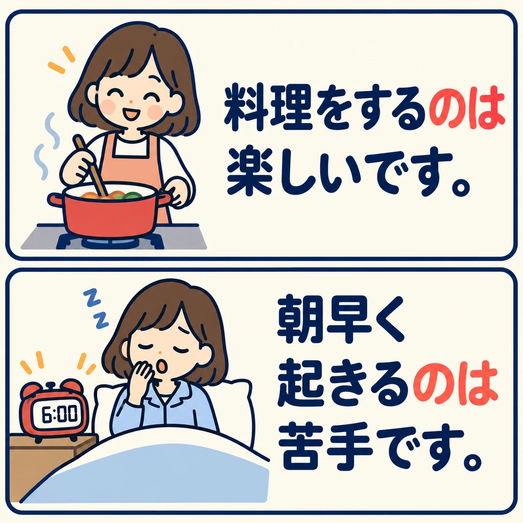 同一個人，做飯覺得開心，早起卻不擅長。兩個動作各有不同評價。