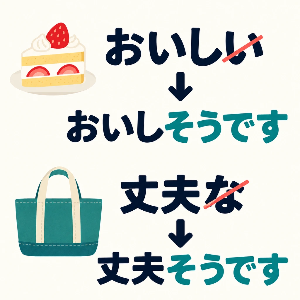 Check both changes: keep only the adjective stem. Don’t say 「おいしいそう」 or 「丈夫なそう」.