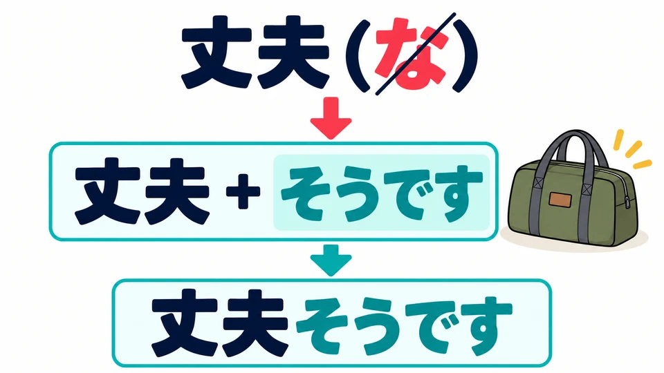 For な-adjectives, add 「そうです」 directly: 丈夫（な）→丈夫そうです. Do not include 「な」.
