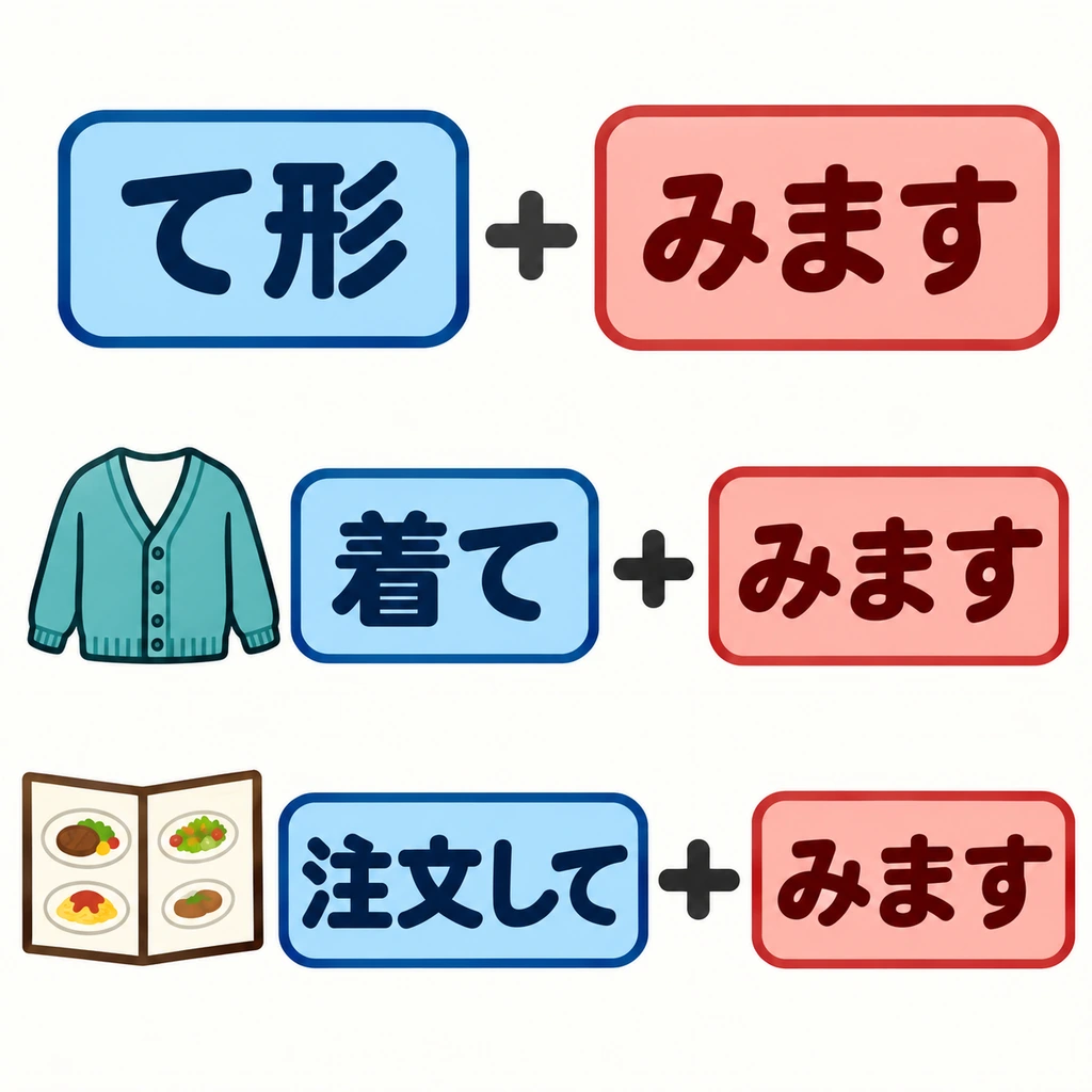 Put the verb in its て形, then add みます. Trying on clothes and trying to order a dish both use this pattern.