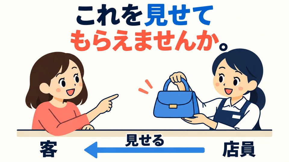 The shop assistant shows the item, and the customer receives help. You are asking the other person to do something for you.