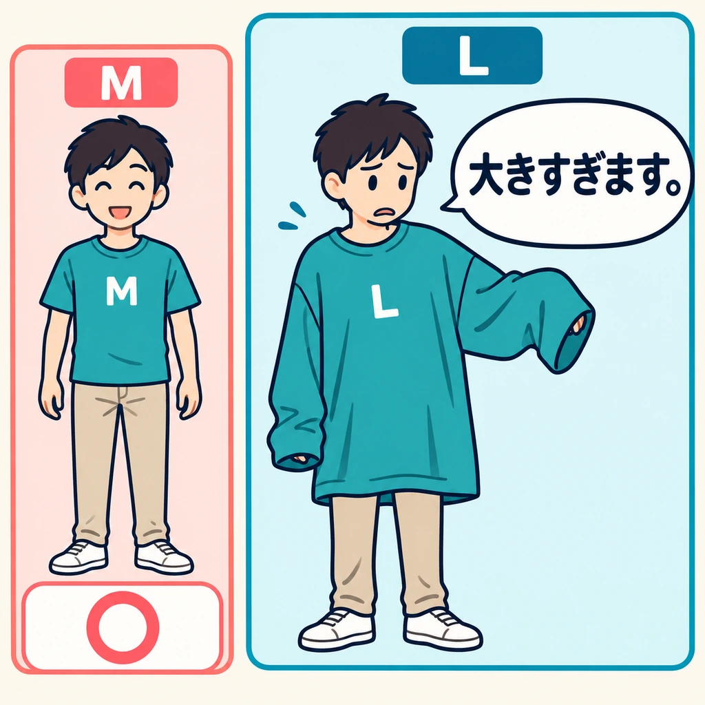 The same person tries on two shirts. Which is too big? Size L is bigger than he needs.