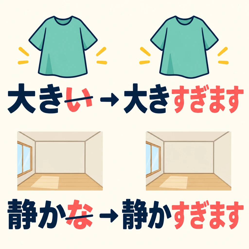 Look at how the endings change in the picture: keep the adjective stem, then add 「すぎます」.