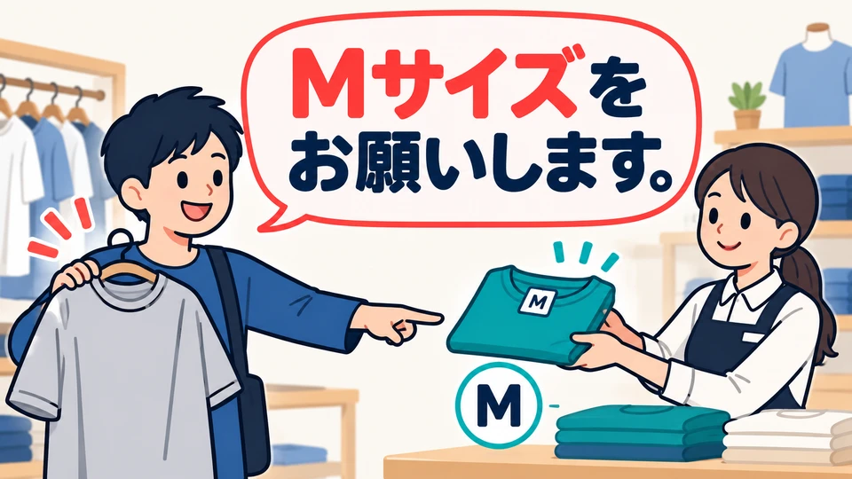 To ask for a size that fits, follow up with 「Mサイズをお願いします」.