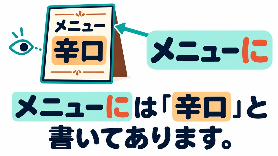 メニューに의 に는 글자가 있는 곳을 나타내요. 어디에 쓰여 있는지 먼저 말하고, 내용을 말해요.