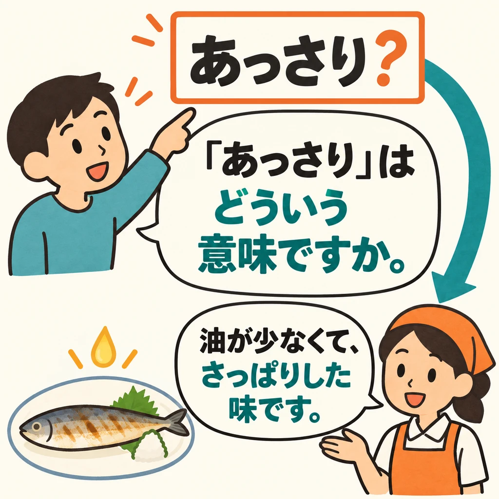 Wenn du auf der Speisekarte 「あっさり」 siehst und die Bedeutung nicht kennst, frage mit dem Satz im Bild nach.