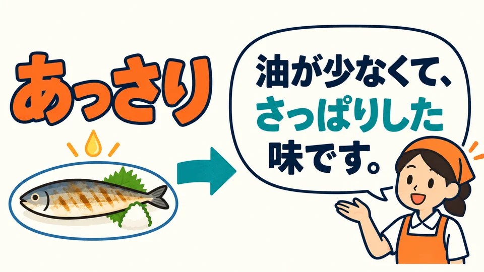 Im Bild erklärt die Bedienung 「あっさり」 als „einen leichten Geschmack mit wenig Öl“, damit der Gast es versteht.