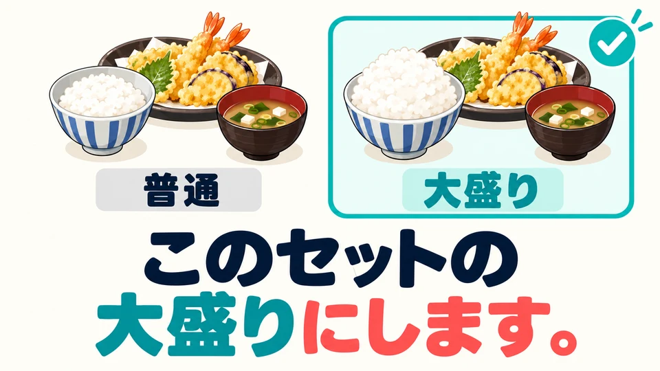 Du kannst auch die Portionsgröße wählen. 「このセットの大盛りにします」 bedeutet, dass du dieses Menü mit einer großen Portion wählst.