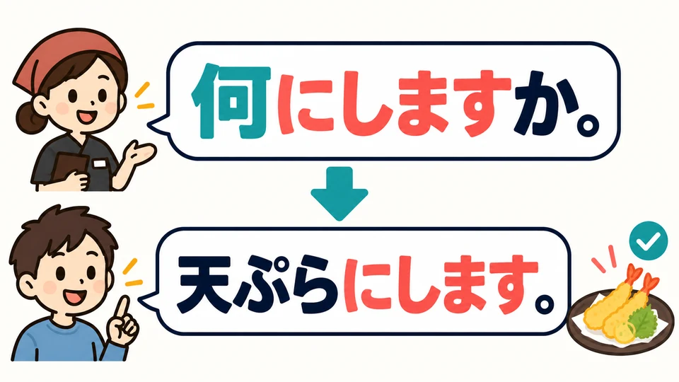 「何にしますか」 fragt, was du wählst. Wenn du dich entschieden hast, antworte mit 「〜にします」.
